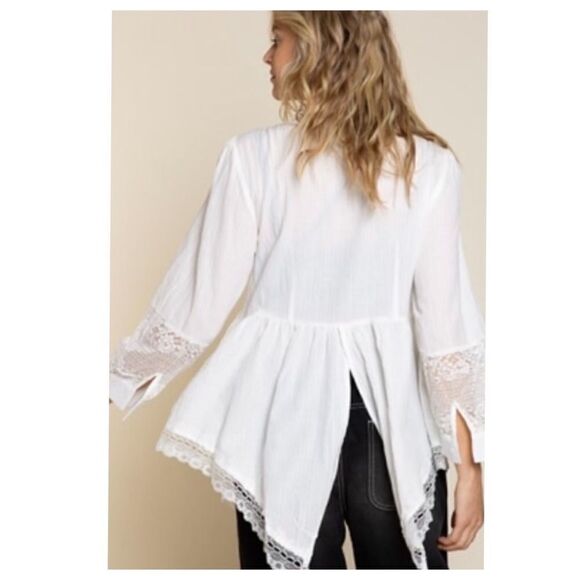 LACE Trim Top w/ China collar & Shark bite Hem - Picture 11 of 16